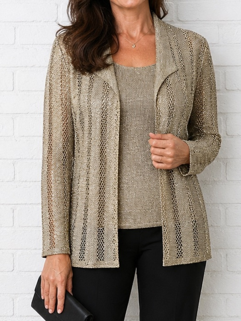 Vintage Jessica Howard Gold Metallic 2 Piece Set Petite 10P Tank Cardigan